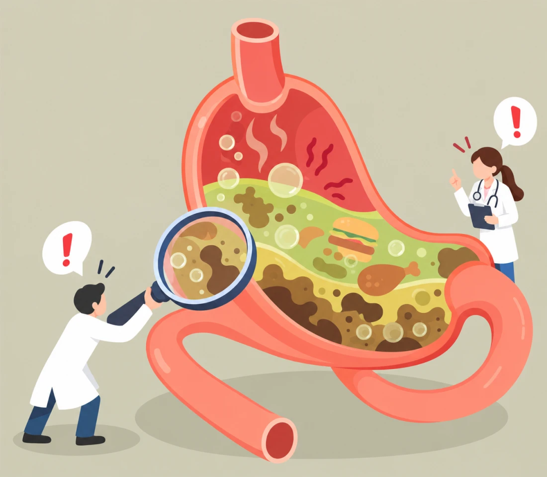 위 안에 음식이 쌓인 모습을 돋보기로 살피는 의사 일러스트 — 담적병과 비슷한 소화기 질환을 증상과 검사로 감별합니다