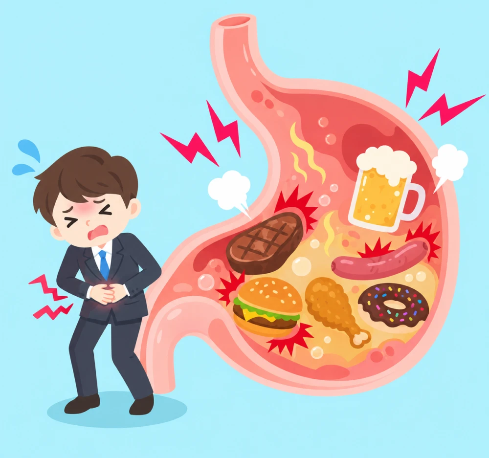 배를 움켜쥔 남성과 고기·햄버거·맥주 등이 가득한 위 일러스트 — 과식, 야식, 잦은 음주, 자극적인 음식이 소화불량을 부릅니다