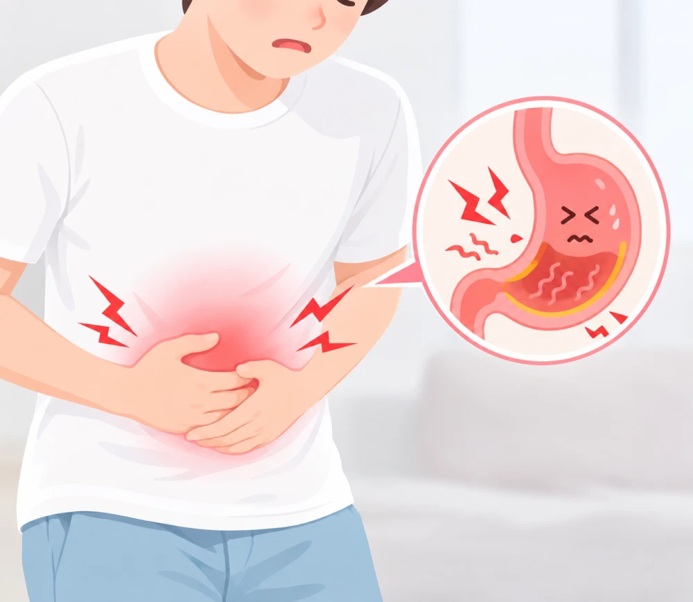 배를 움켜쥔 남성과 염증이 생긴 위 일러스트 — 반복되는 속쓰림과 명치 통증, 위염을 방치하지 마세요