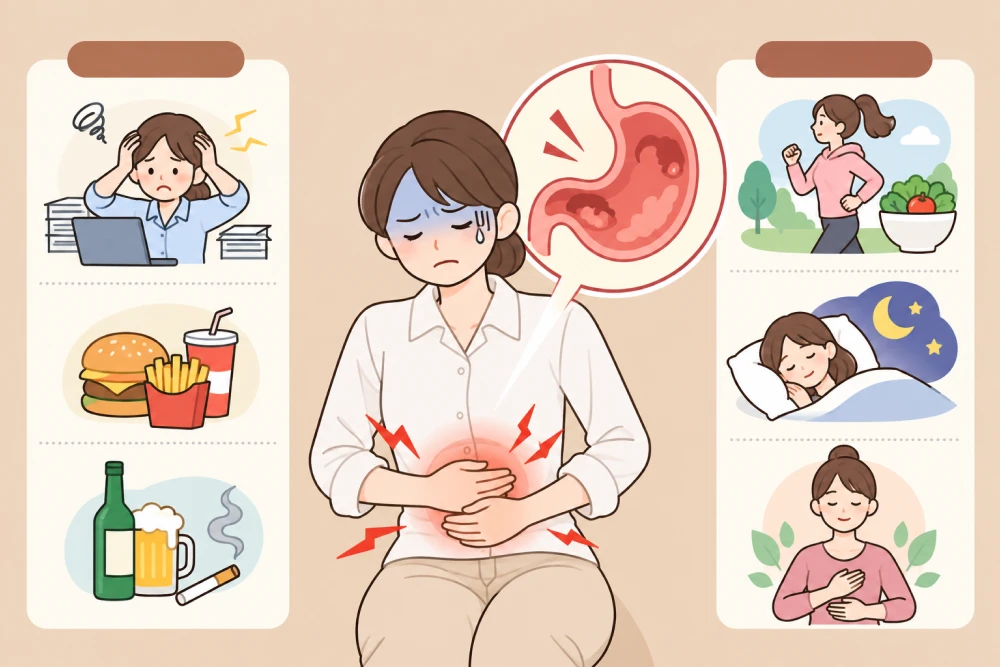배를 감싼 여성 양옆에 스트레스·야식·음주·흡연 같은 원인과 운동·수면·휴식 같은 관리 습관을 그린 일러스트