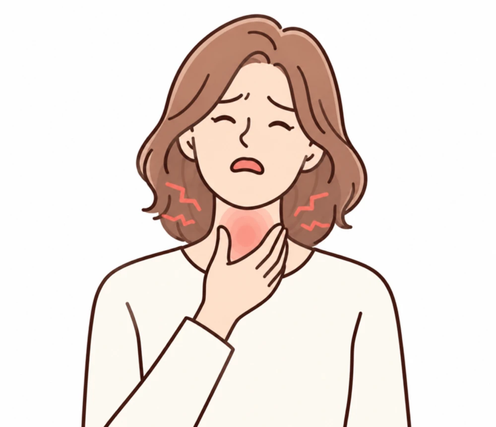 목을 감싸 쥐고 답답해하는 여성 그림 — 매실 씨앗이 걸린 듯 목에 이물감이 느껴지는 매핵기