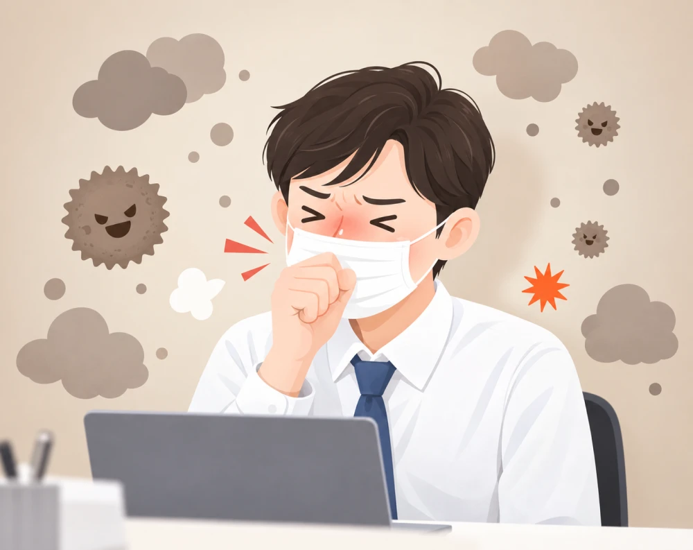 미세먼지와 바이러스가 떠다니는 사무실에서 마스크를 쓰고 기침하는 직장인 그림 — 오래 지속되는 기침의 원인 확인