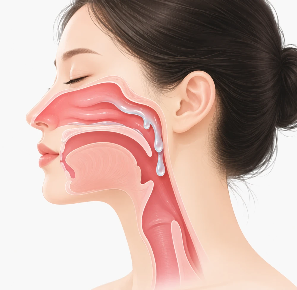 코 안쪽에서 만들어진 분비물이 목 뒤쪽으로 흘러내리는 후비루를 옆얼굴 단면으로 보여 주는 그림