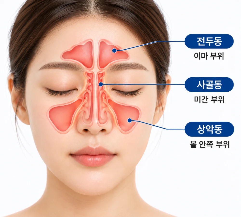 이마의 전두동, 미간의 사골동, 볼 안쪽의 상악동 위치를 얼굴 위에 표시한 부비동 그림