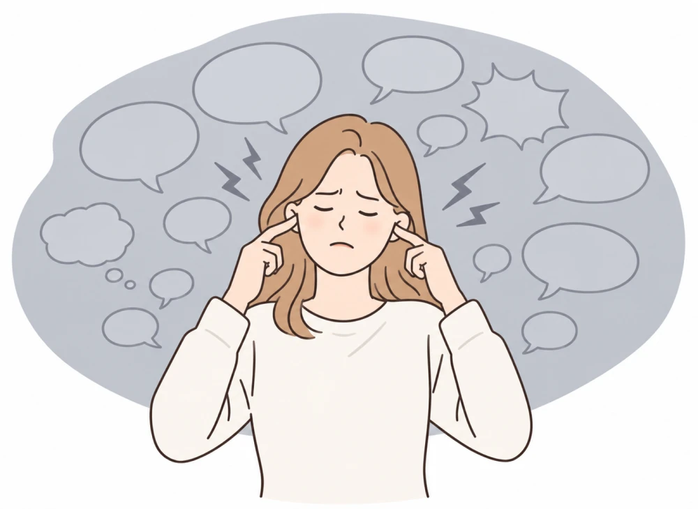 말풍선 소리에 둘러싸여 손가락으로 양쪽 귀를 막은 여성 그림 — 갑자기 소리가 다르게 들리는 돌발성 난청