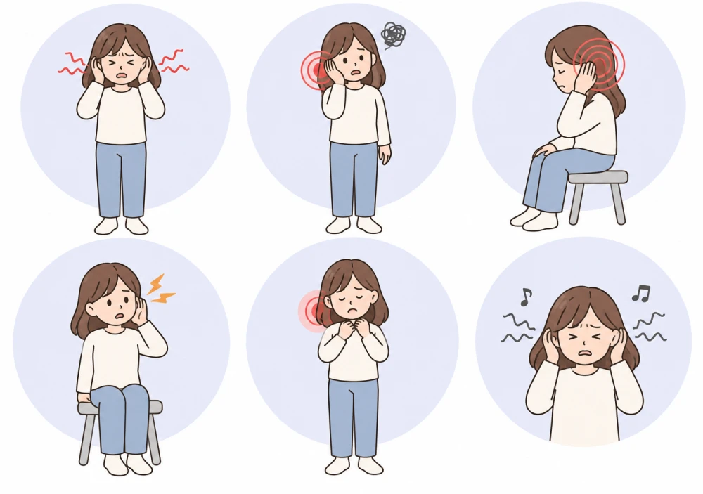 귀를 막거나 귀를 짚고 소리에 괴로워하는 여섯 가지 모습을 동그라미 안에 그린 그림 — 이명이 나타나는 여러 상황