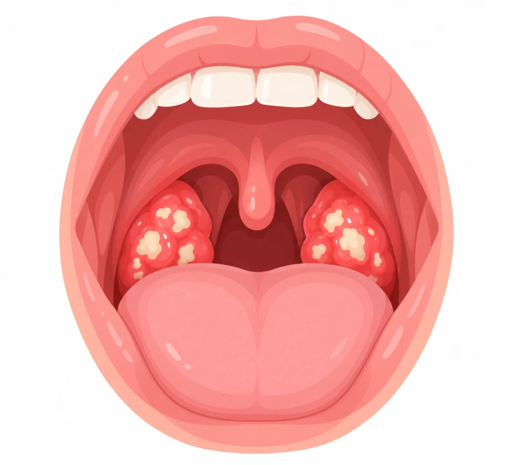 입을 벌린 모습으로 하얀 분비물이 붙은 채 붉게 부은 양쪽 편도를 보여 주는 편도염 그림