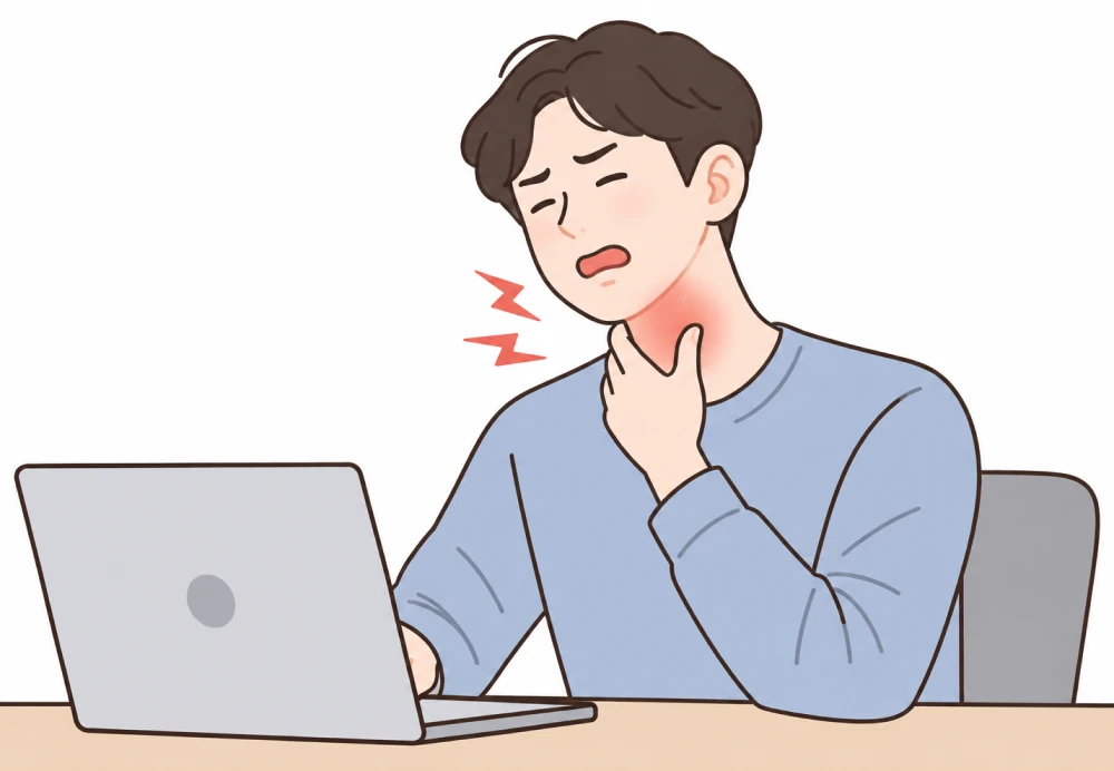 노트북 앞에서 목을 짚고 통증을 느끼는 직장인 그림 — 피로와 생활환경이 반복되는 편도염에 영향을 줄 수 있음