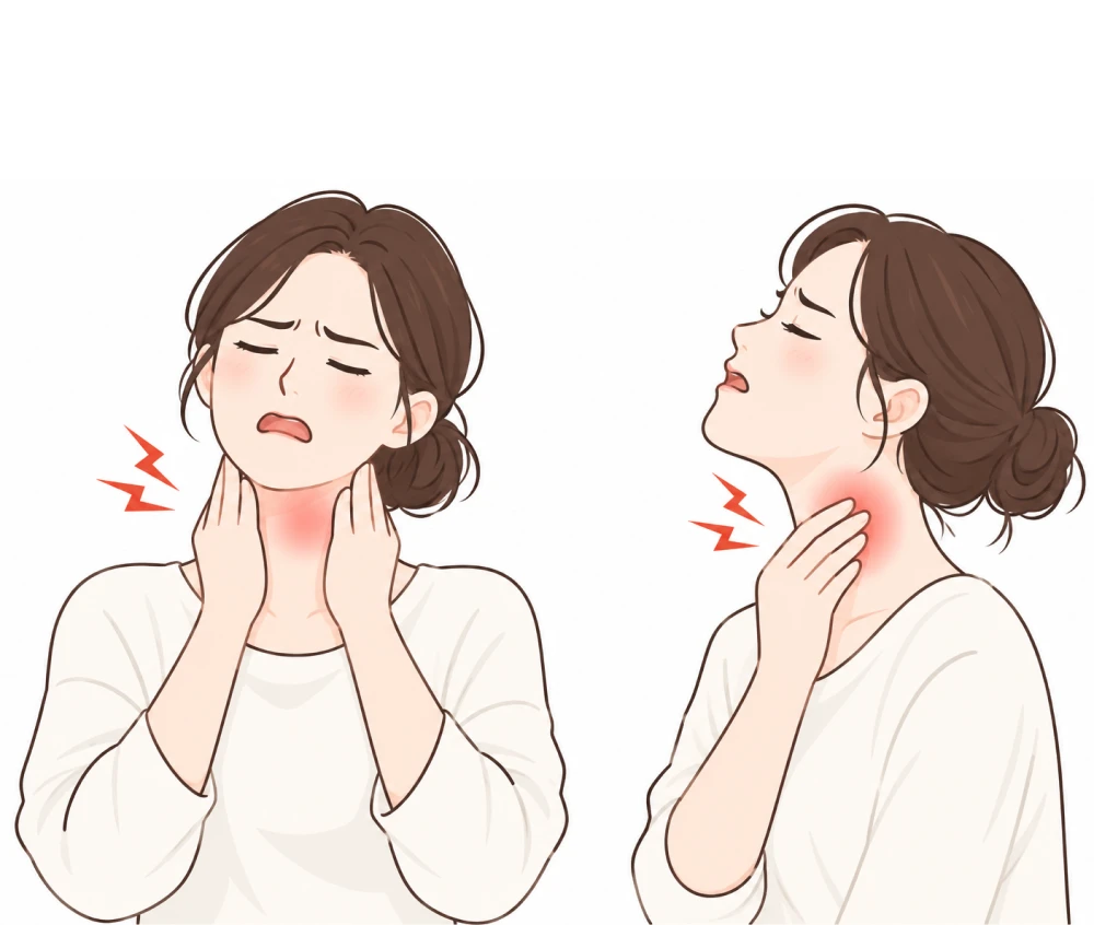 목을 감싸고 통증을 느끼는 여성의 앞모습과 옆모습 그림 — 반복되는 편도염의 목 통증