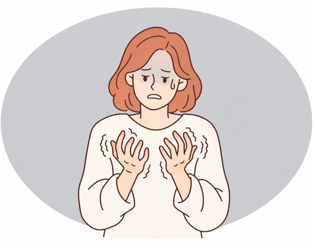 손이 떨려 불안해하는 여성 일러스트 — 카페인, 약물, 스트레스, 수면 상태에 따라 떨림의 정도가 달라집니다