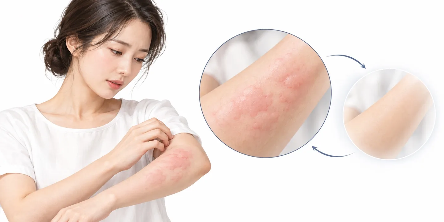 두드러기 피부를 겪고 있는 여성